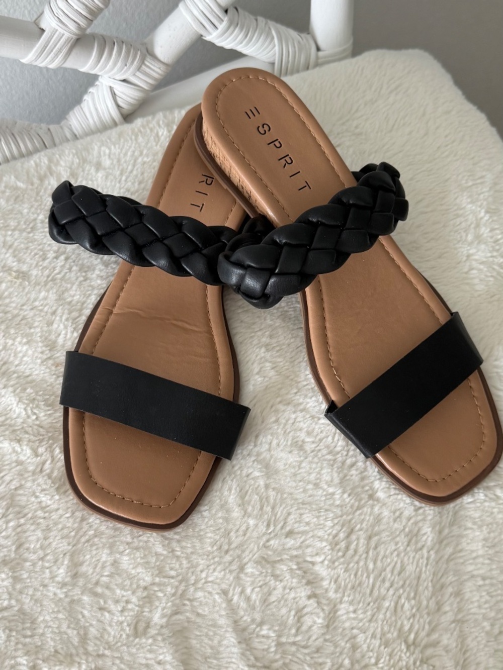 Esprit Dansel Black Double Strap Cork Wedge Slide Sandals Platform Shoes 8M NWOB